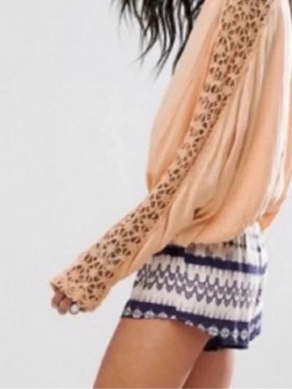 Free people Runaway Boho Crochet Lace Peasant Top LS in Light Peach